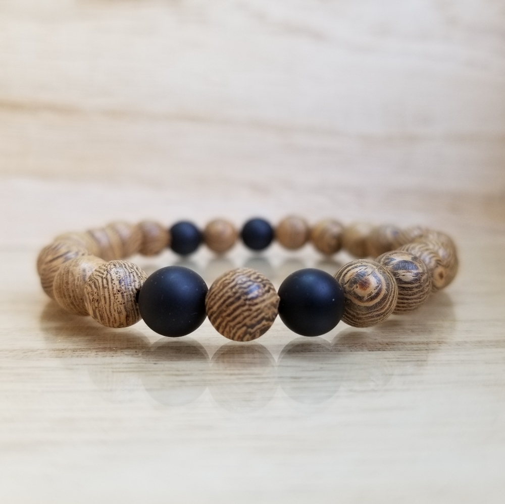 Sandalwood & Black Onyx Beaded Stretch Bracelet